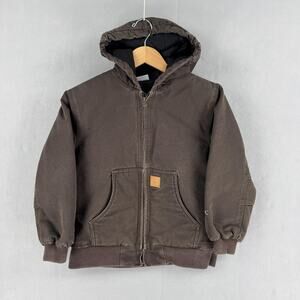 Carhartt Jacket Youth Medium Brown Canvas Hooded Insulated Bomber Deer Patch